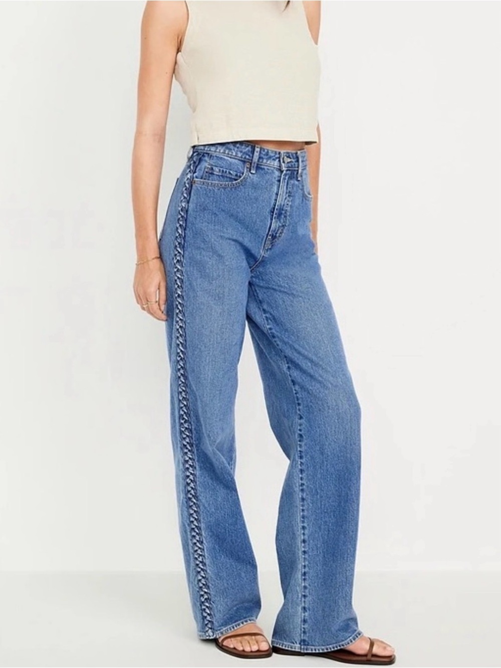 Extra High-Rise Sky-Hi Wide Leg Jeans with Side Braid Detail - Blue